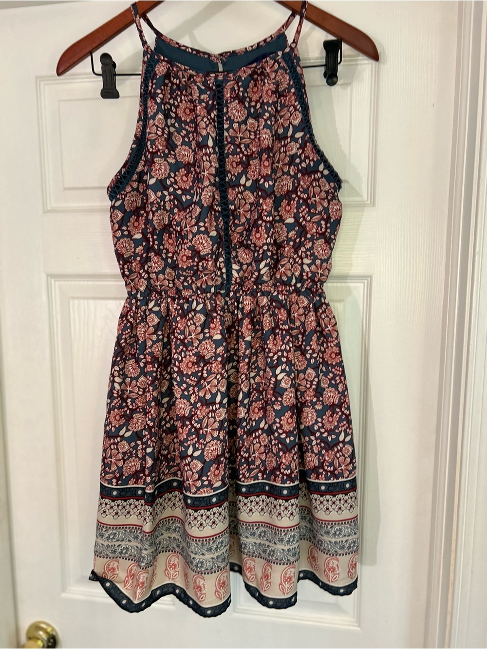Blue Rain Navy Floral Halter Sundress with Pink Blooms